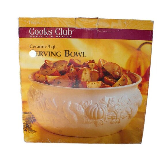 3qt Serving Bowl White Fall Corn Pumpkin Gourd Leaf Ceramic Cooks Club Vintage - Picture 6 of 7